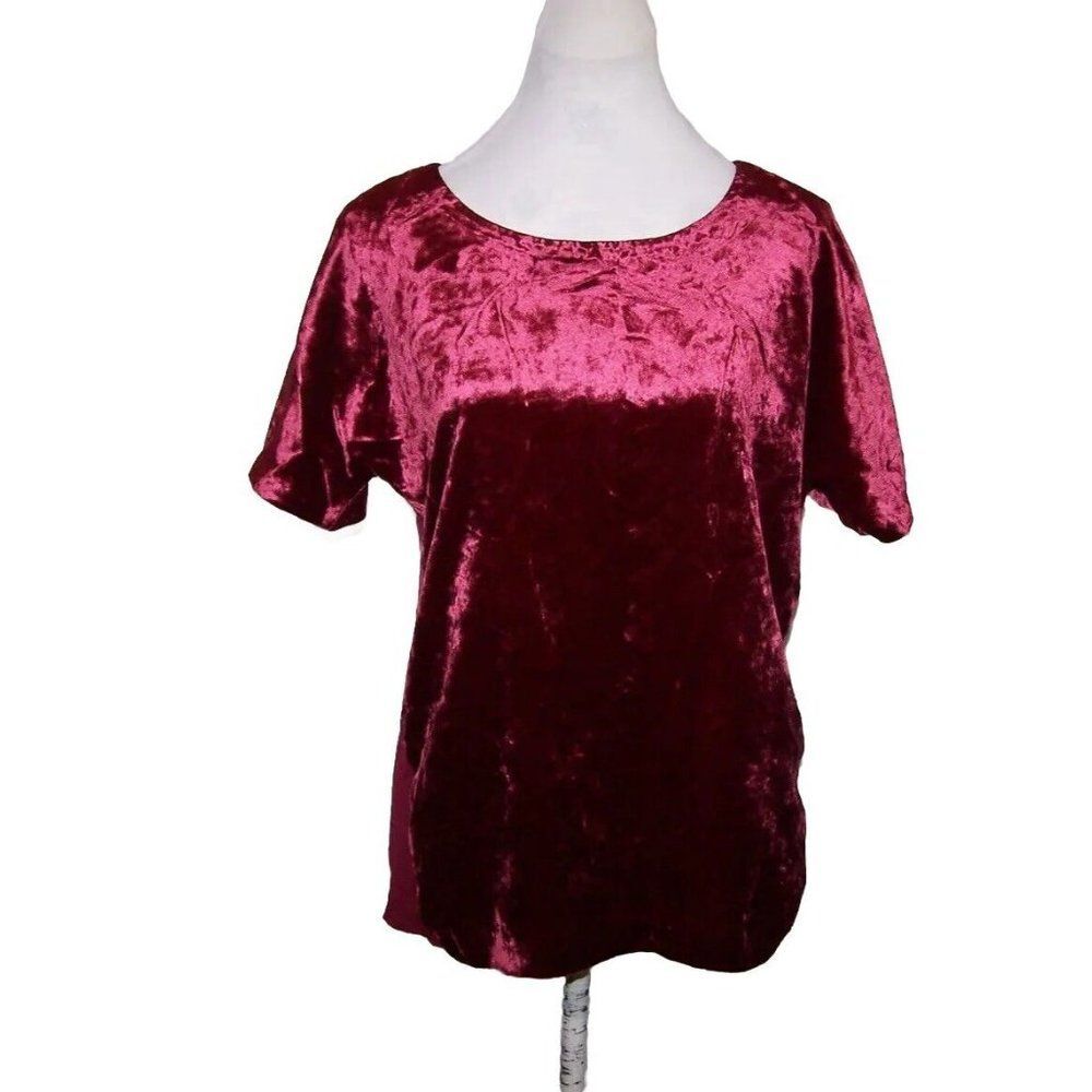Lucky Brand Velour Shirt Top Medium Velvet Short Sleeve Zipper Burgundy Blouse